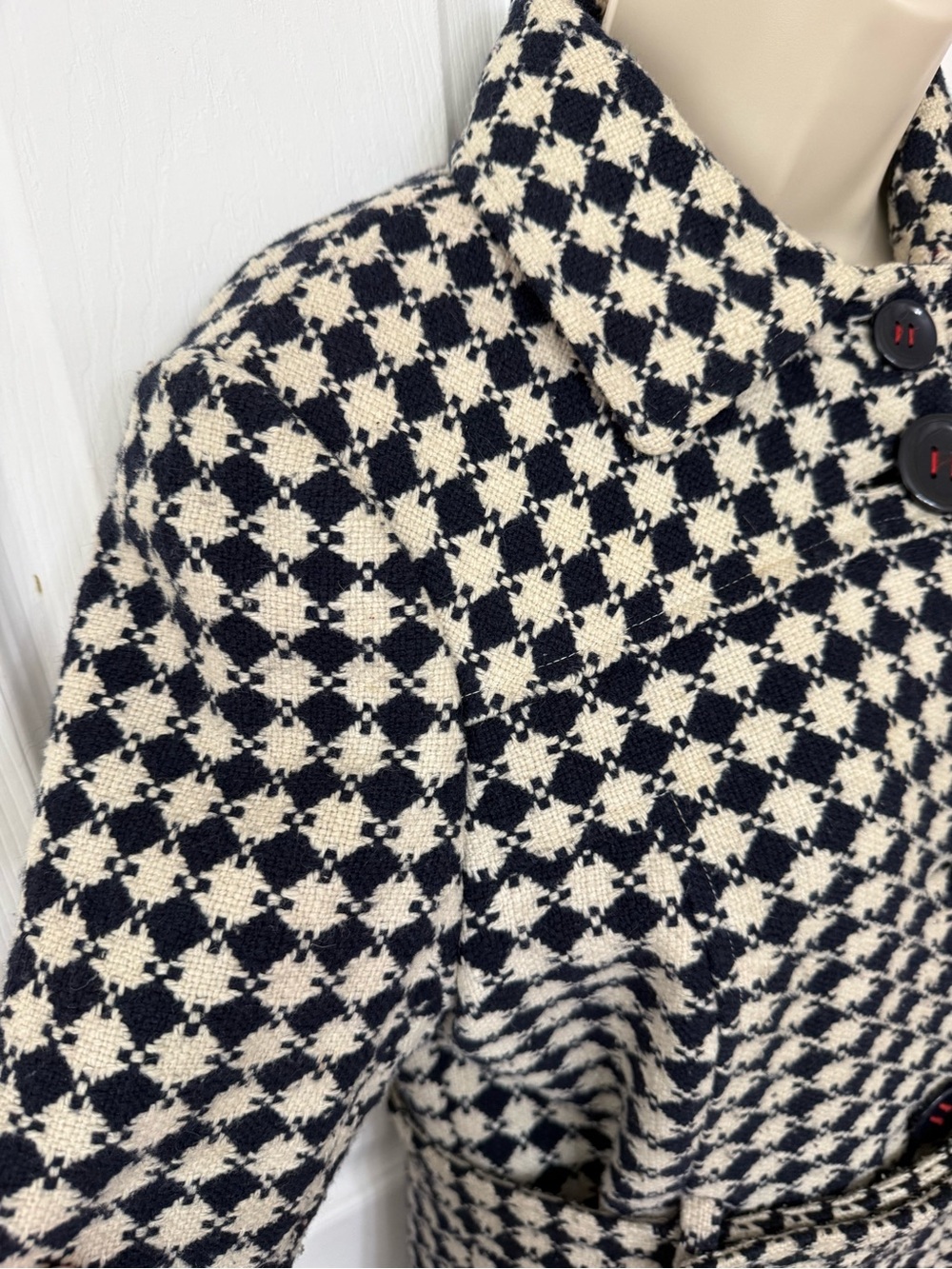 Tommy Hilfiger Wool Blend Pattern Coat Navy Ivory Belted Peacoat Size 10 - Picture 5 of 12